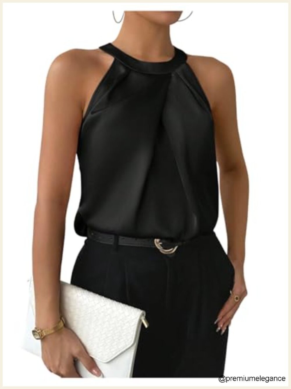 Pleated Halter Sleeveless Satin Blouse Keyhole Back Tank Top
